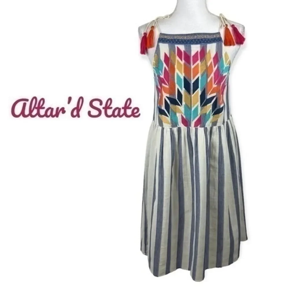 Altar’d State‎ Blue White Striped Cotton Dress NWOT Size S Bohemian Festival - Picture 2 of 11